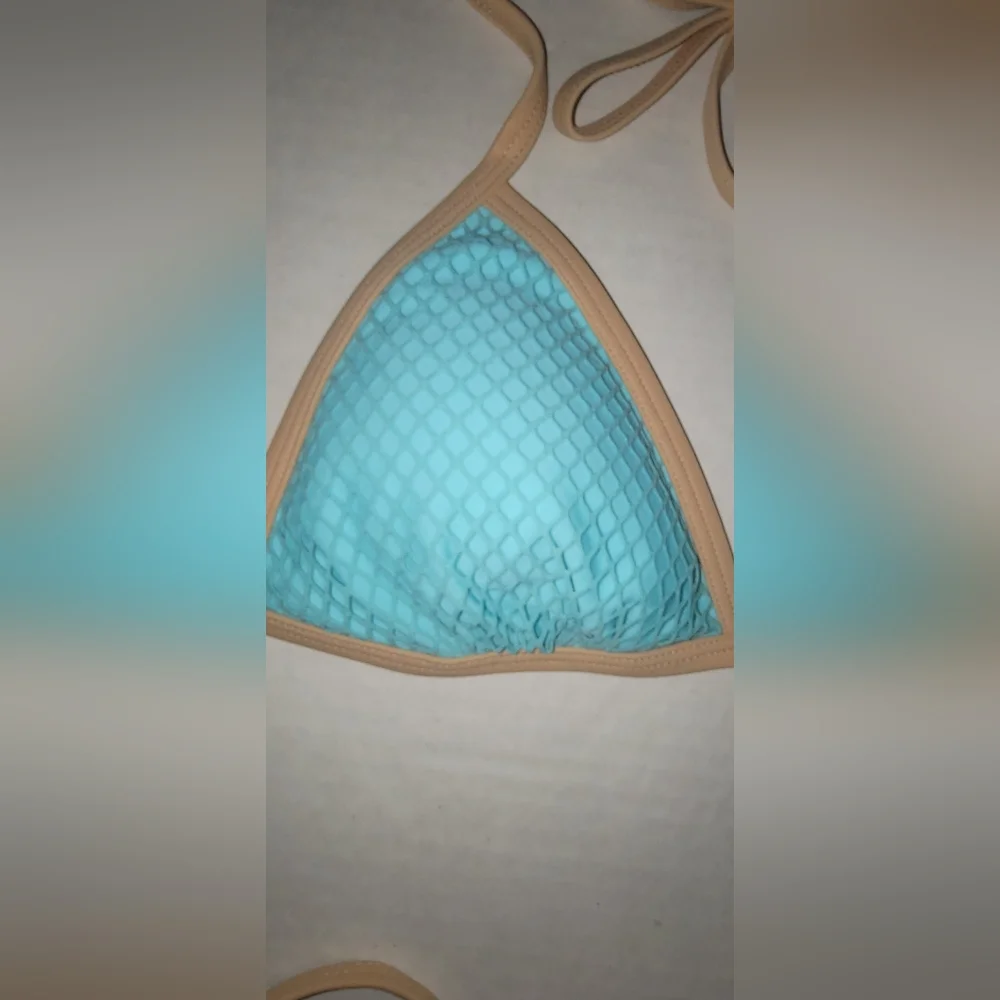 Blue Tan Mesh Mermaid Bikini Triangle Top Removable Padded